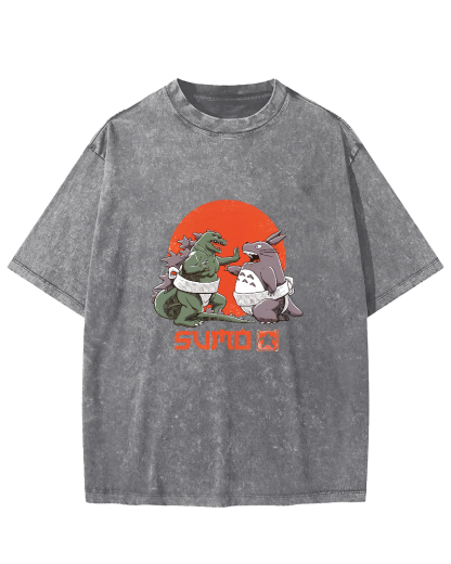 Japanese Style Cartoon Monster Pattern Vintage Distressed T-shirt-Zazasy