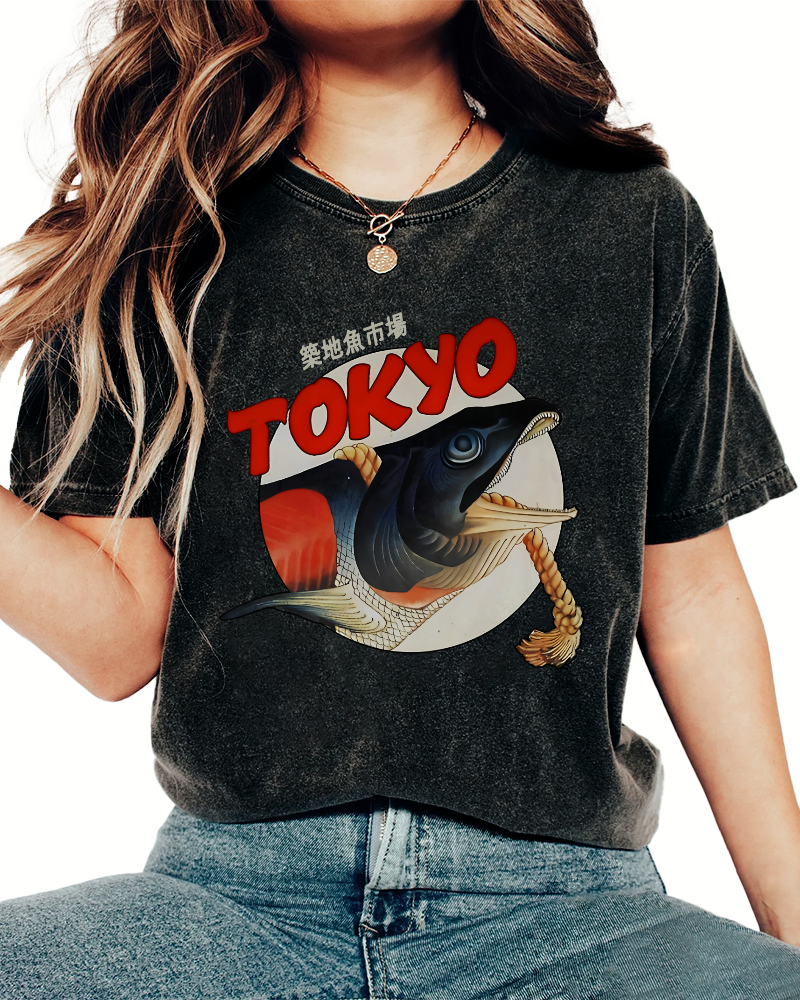 Tokyo Tsukiji Fish Market Vintage Washed T-shirt-Zazasy