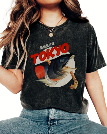 Tokyo Tsukiji Fish Market Vintage Washed T-shirt-Zazasy