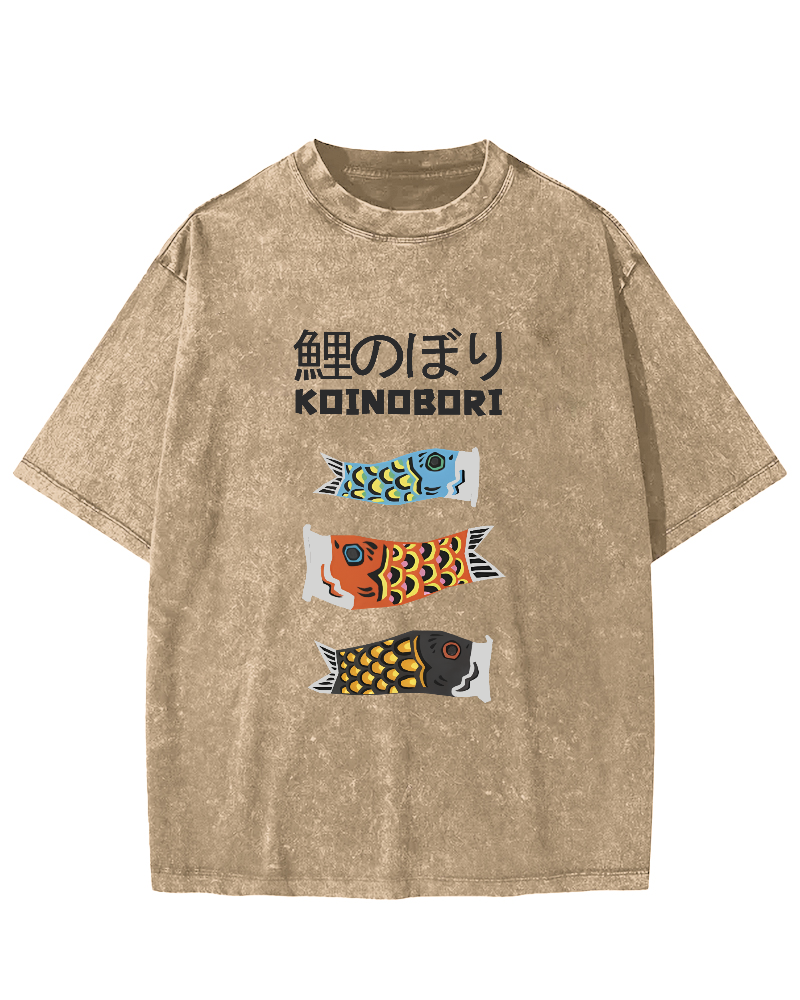 Cartoon Fish Painting Pattern Japanese Style Vintage Distressed T-shirt-Zazasy