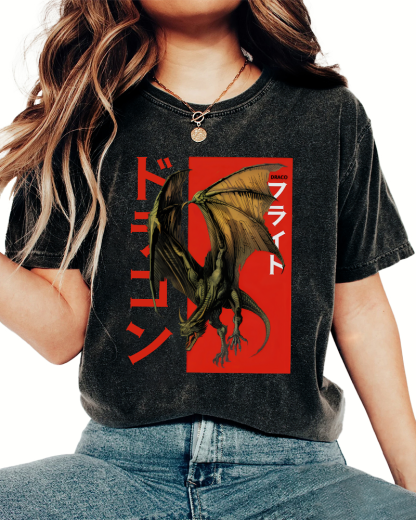 Pterosaur Monster Japanese Style Vintage Washed T-shirt-Zazasy