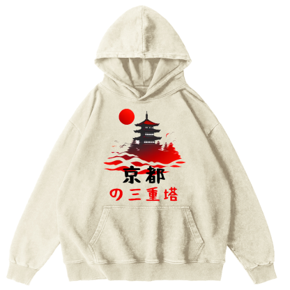 Kyoto Triple Tower Vintage Washed Hoodie-Zazasy