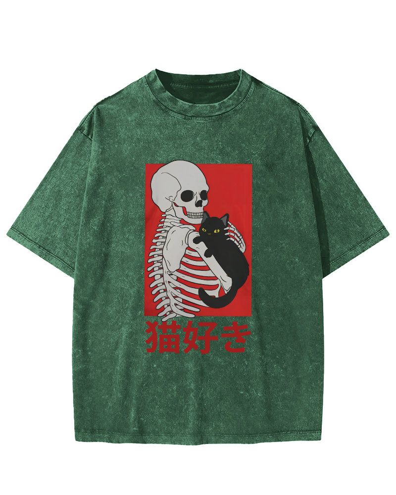 Skeleton And Cat Japanese Style Vintage Washed T-shirt-Zazasy