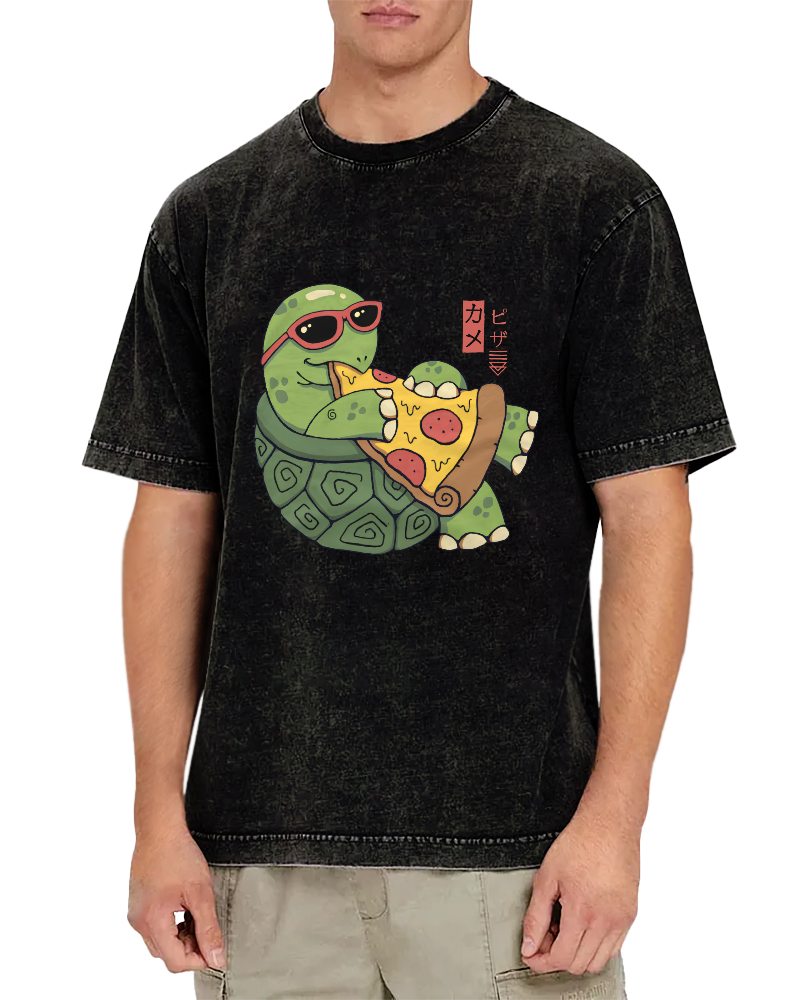 Turtle Japanese Style Pizza Lover Vintage Distressed T-shirt-Zazasy