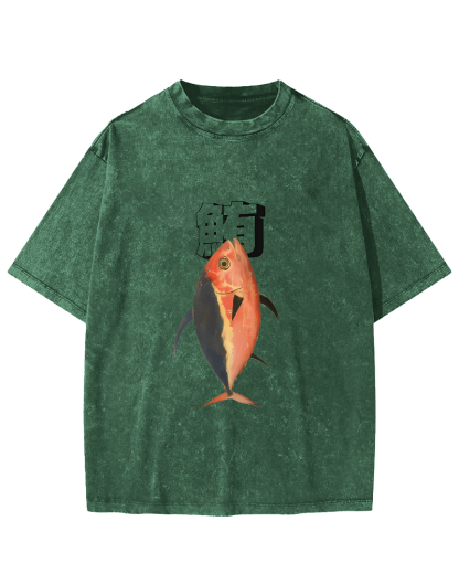 Japanese Ocean Fish Pattern Vintage Distressed T-shirt-Zazasy