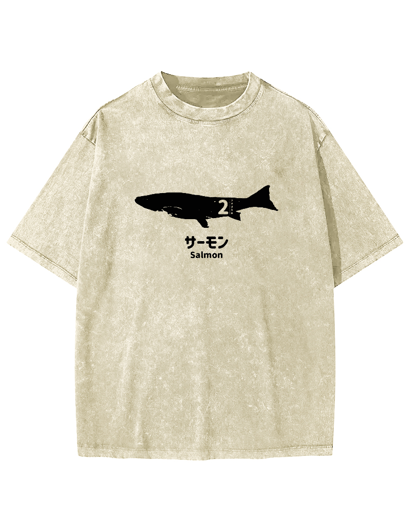 Japanese Script Shark Pattern Vintage Distressed T-shirt-Zazasy