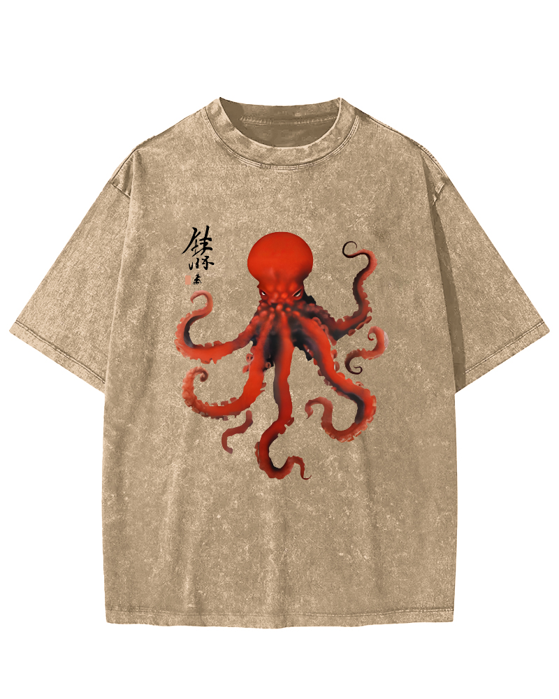 Japanese Octopus Vintage Washed T-shirt-Zazasy