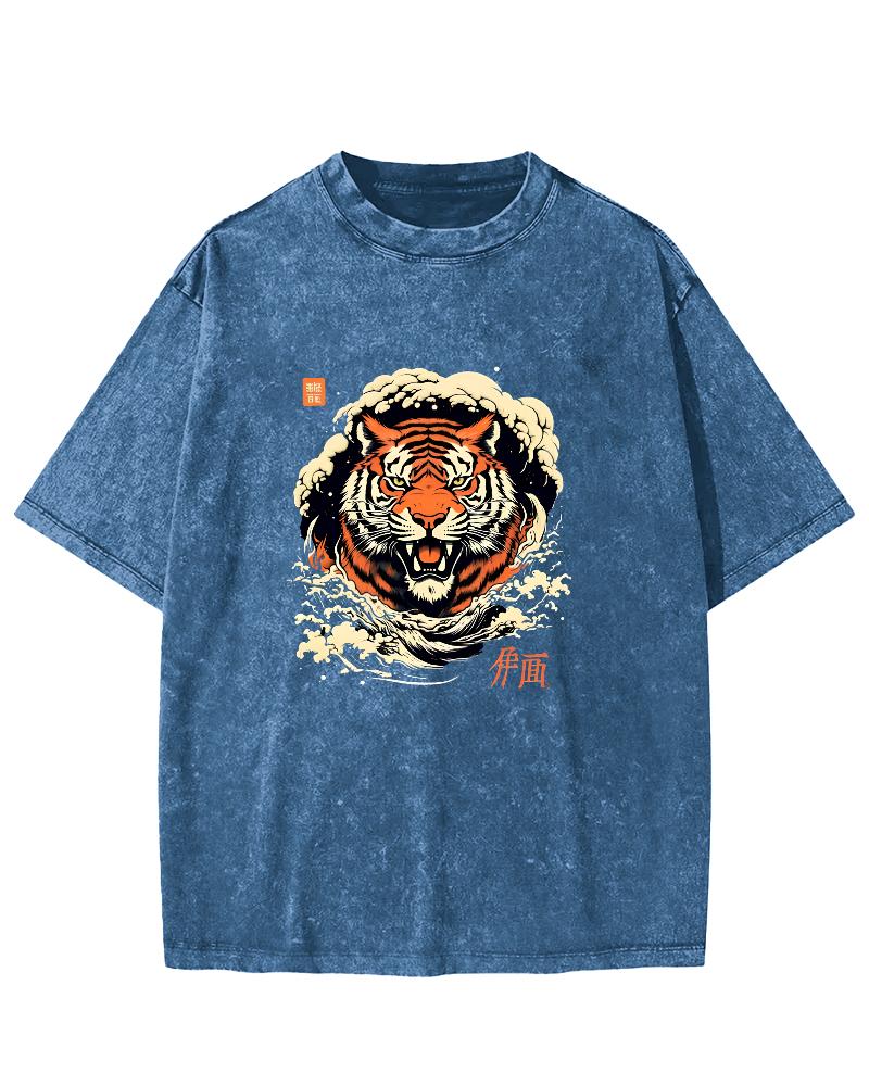 Japanese Tiger Head Pattern Vintage Distressed T-shirt-Zazasy