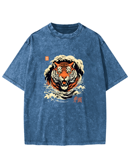 Japanese Tiger Head Pattern Vintage Distressed T-shirt-Zazasy