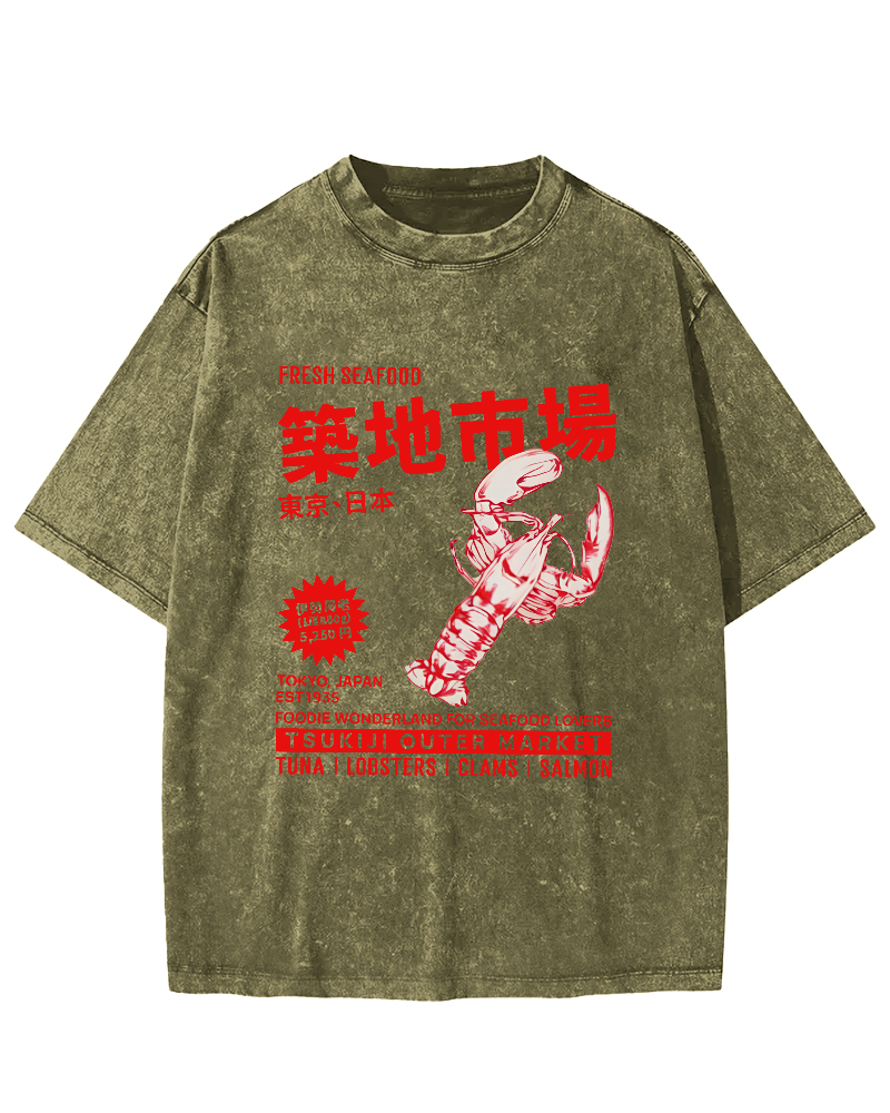 Seafood at Tokyo Tsukiji Market Vintage Washed T-shirt-Zazasy