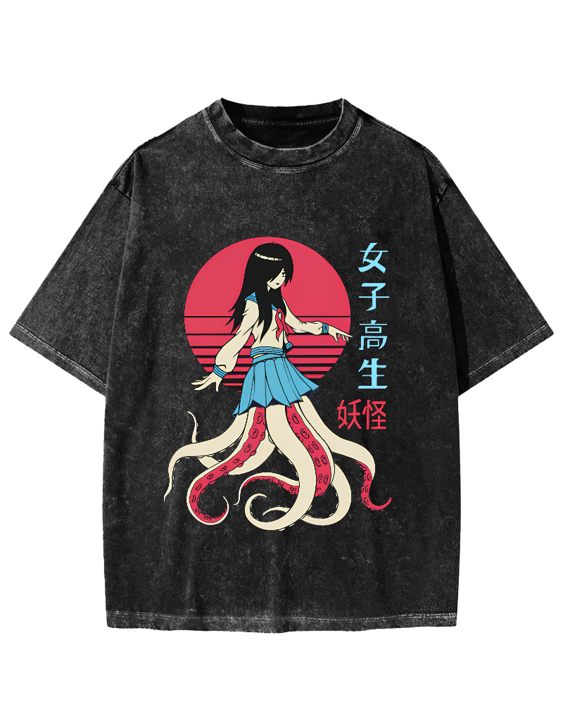 Abstract Octopus Character Japanese Style Vintage Distressed T-shirt-Zazasy