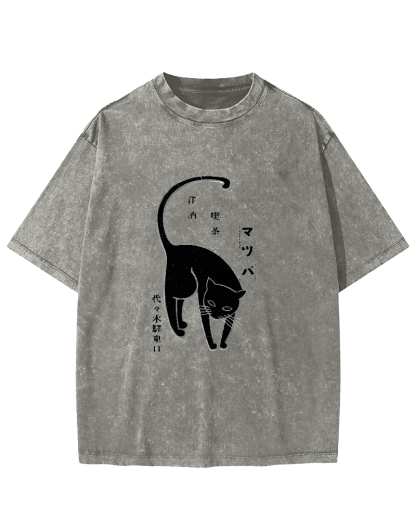 Japanese Character Cat Pattern Vintage Distressed T-shirt-Zazasy