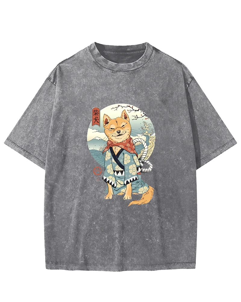 Samurai Shiba Dog Japanese Washed T-Shirt-Zazasy