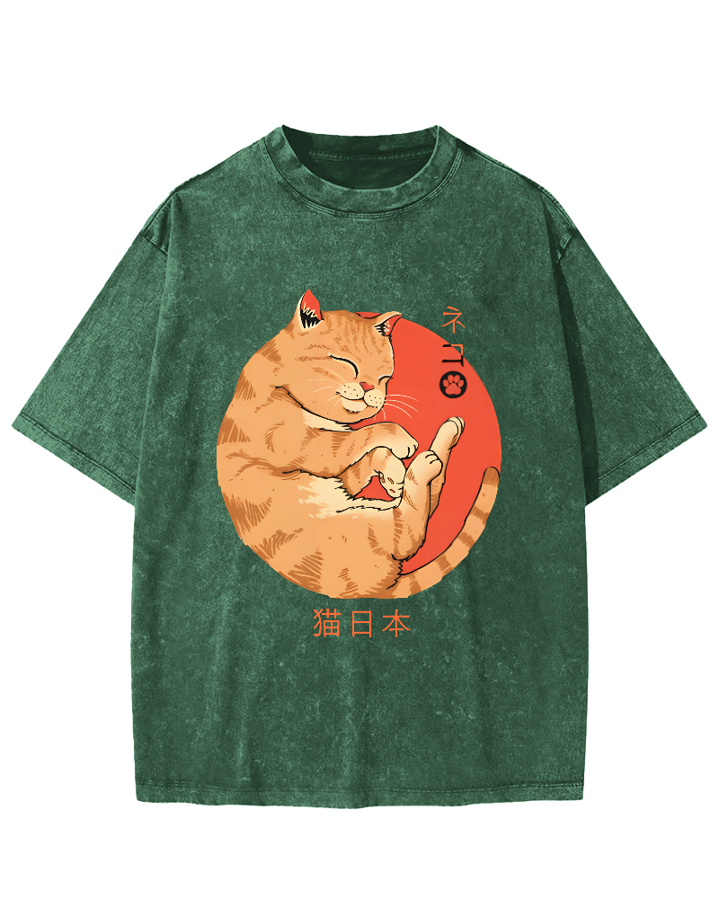 Lazy Japanese Cat Vintage Distressed T-shirt-Zazasy