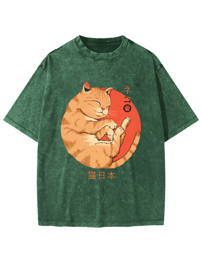 Lazy Japanese Cat Vintage Distressed T-shirt-Zazasy