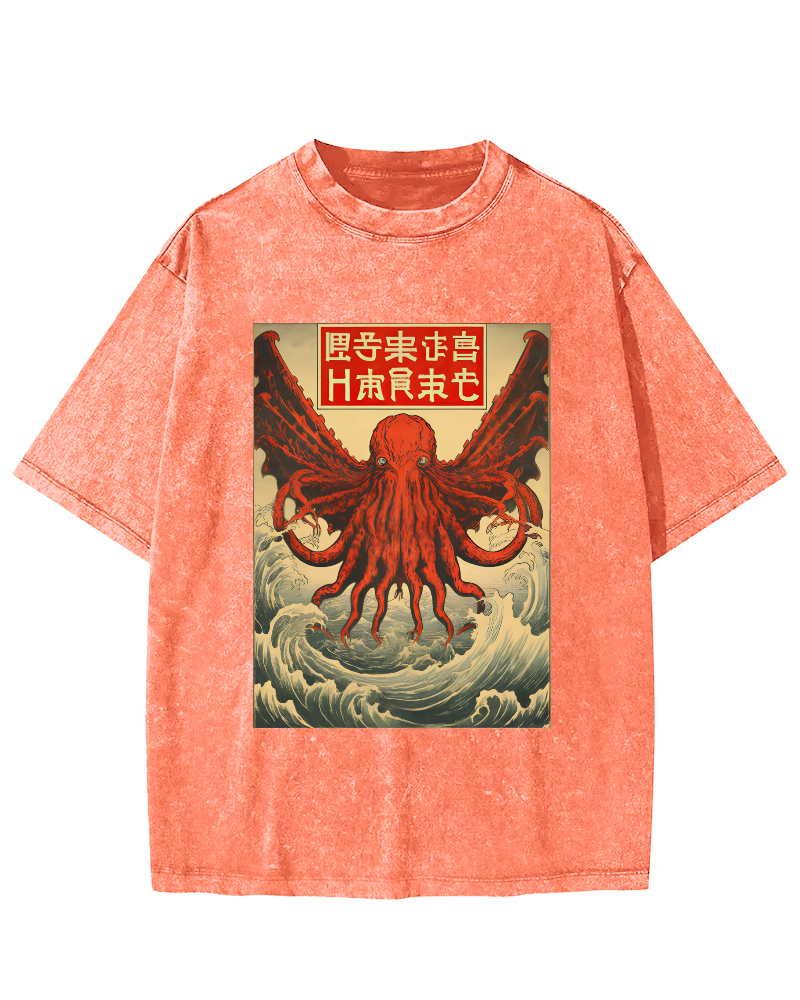 The Japanese Style Octopus Monster in The Huge Waves Vintage Washed T-shirt-Zazasy