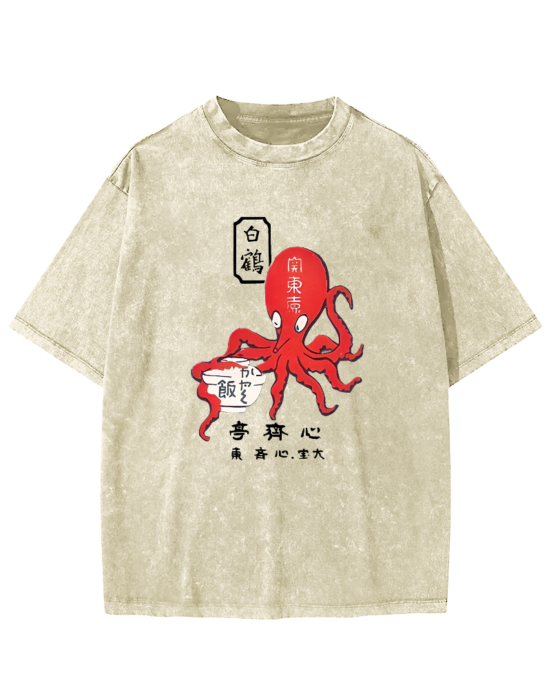 Japanese Script Octopus Pattern Vintage Distressed T-shirt-Zazasy