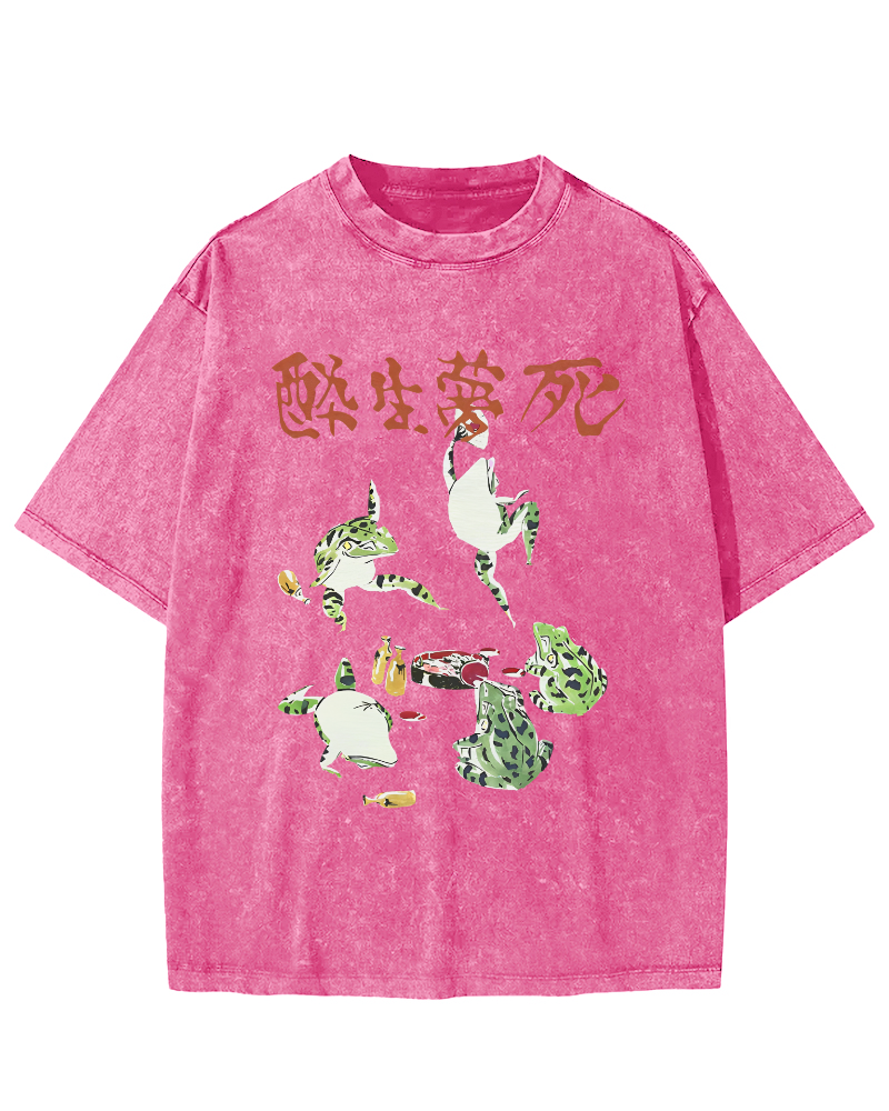 Drunk and Dreaming Frog, Japanese Style Vintage Washed T-shirt-Zazasy