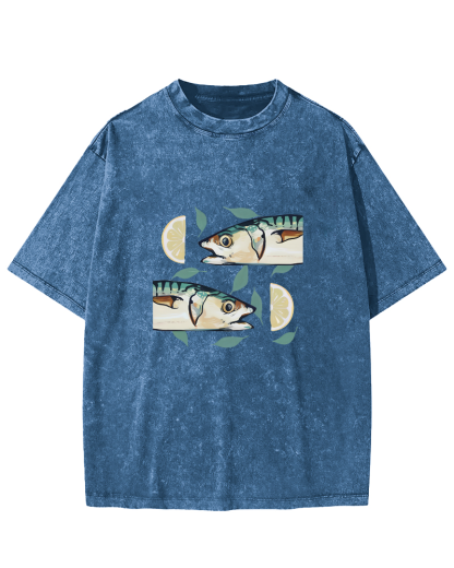Japanese Lemon Fish Pattern Vintage Distressed T-shirt-Zazasy