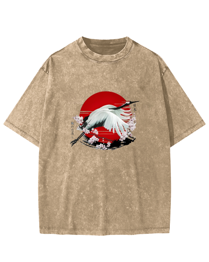 Japanese Flying Crane Pattern Vintage Distressed T-shirt-Zazasy