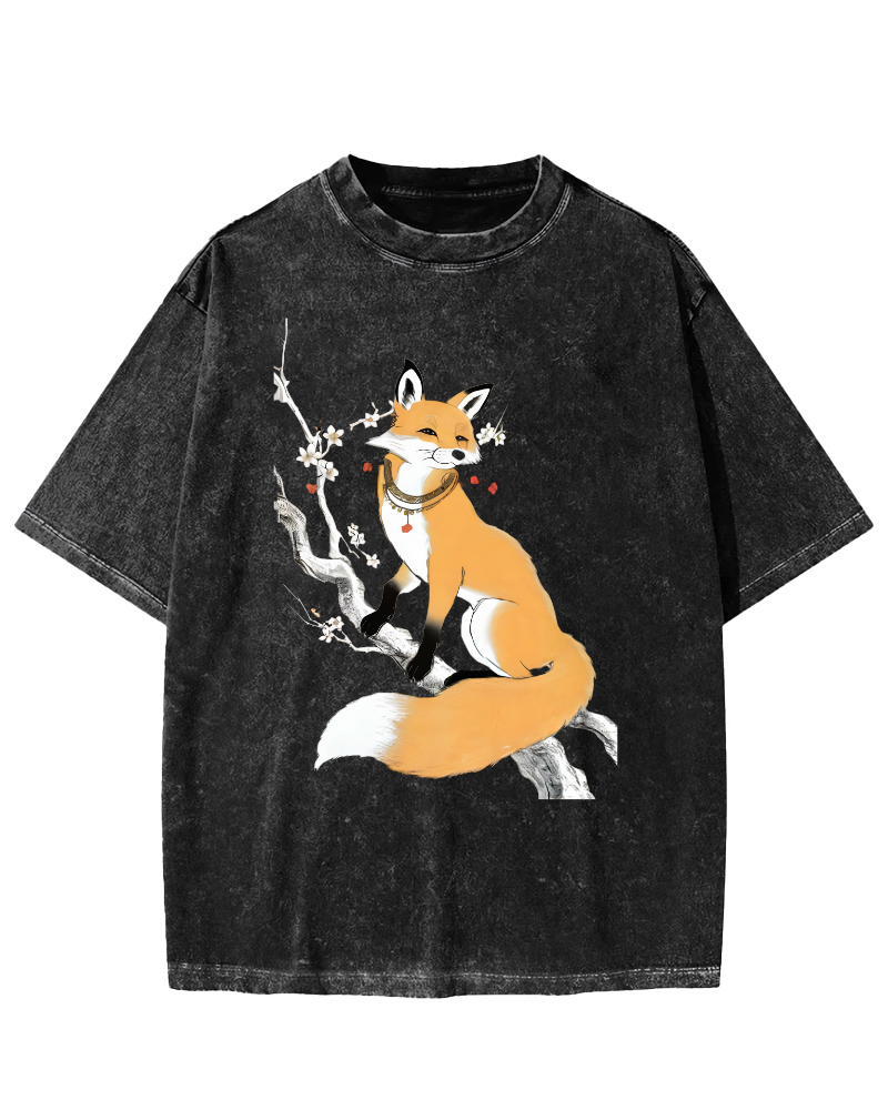 Fox Landscape Painting Japanese Style Vintage Washed T-shirt-Zazasy