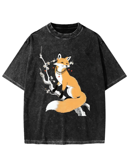 Fox Landscape Painting Japanese Style Vintage Washed T-shirt-Zazasy