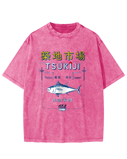 Tuna at the Tsukiji Market in Japan Vintage Washed T-shirt-Zazasy