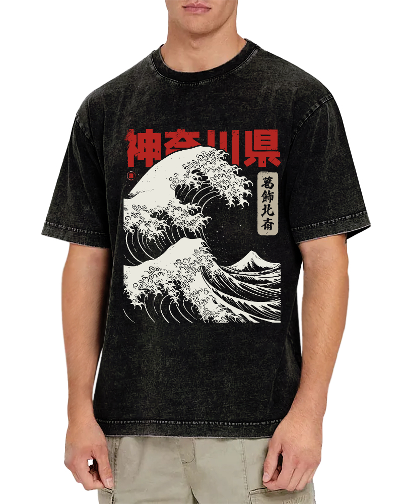 Shennai Giant Wave Vintage Washed T-shirt-Zazasy