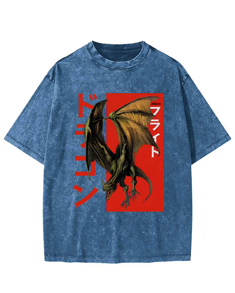Pterosaur Monster Japanese Style Vintage Washed T-shirt-Zazasy