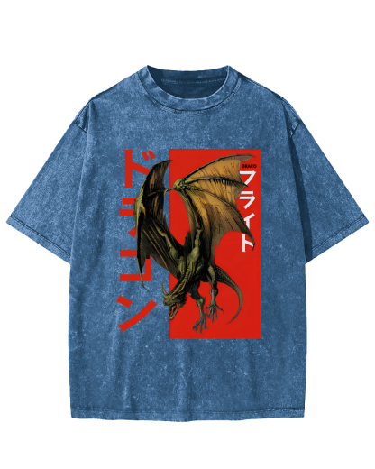 Pterosaur Monster Japanese Style Vintage Washed T-shirt-Zazasy