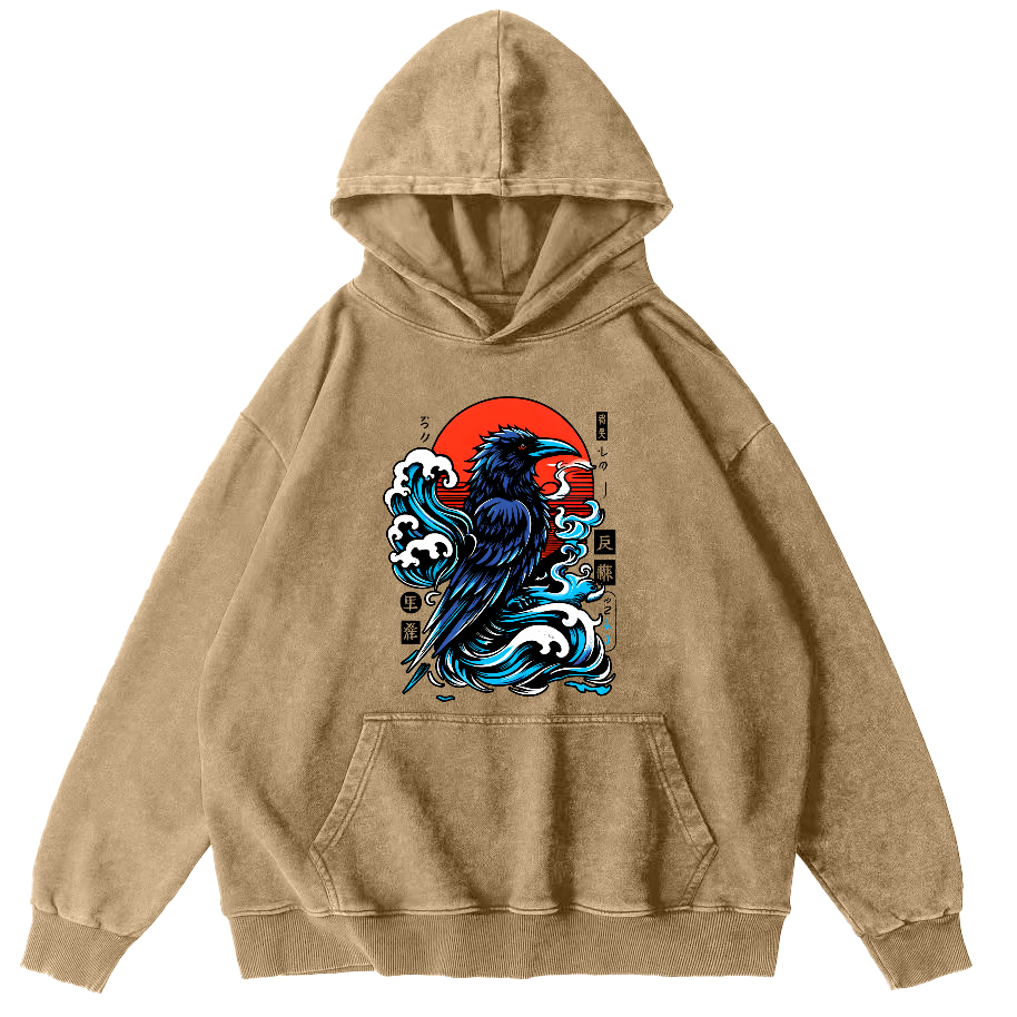 Crows In The Waves Vintage Distressed Hoodie-Zazasy