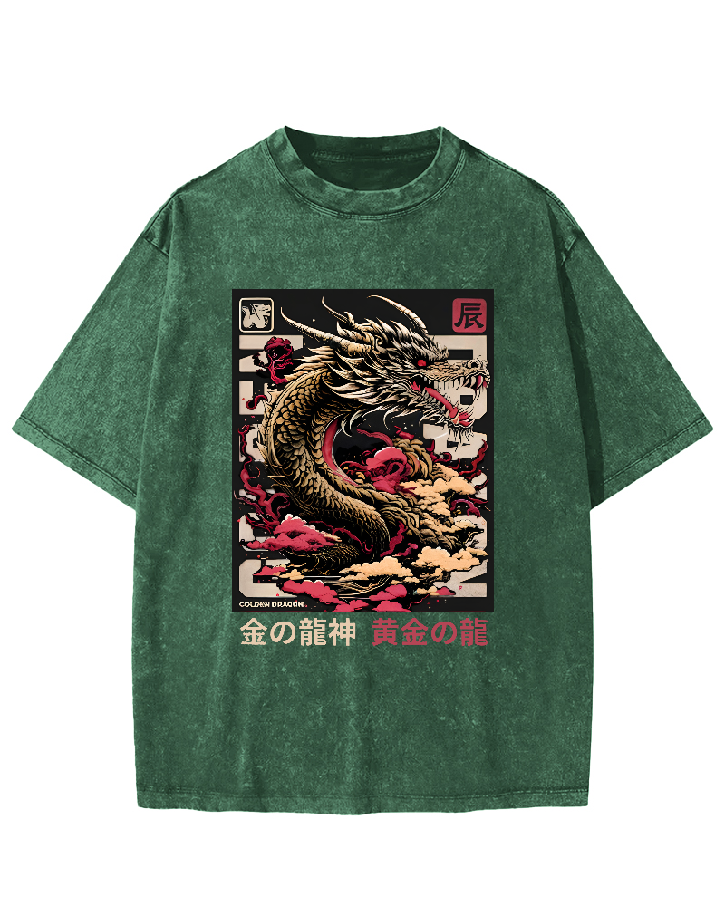 Golden Dragon Japanese Style Vintage Distressed T-shirt-Zazasy