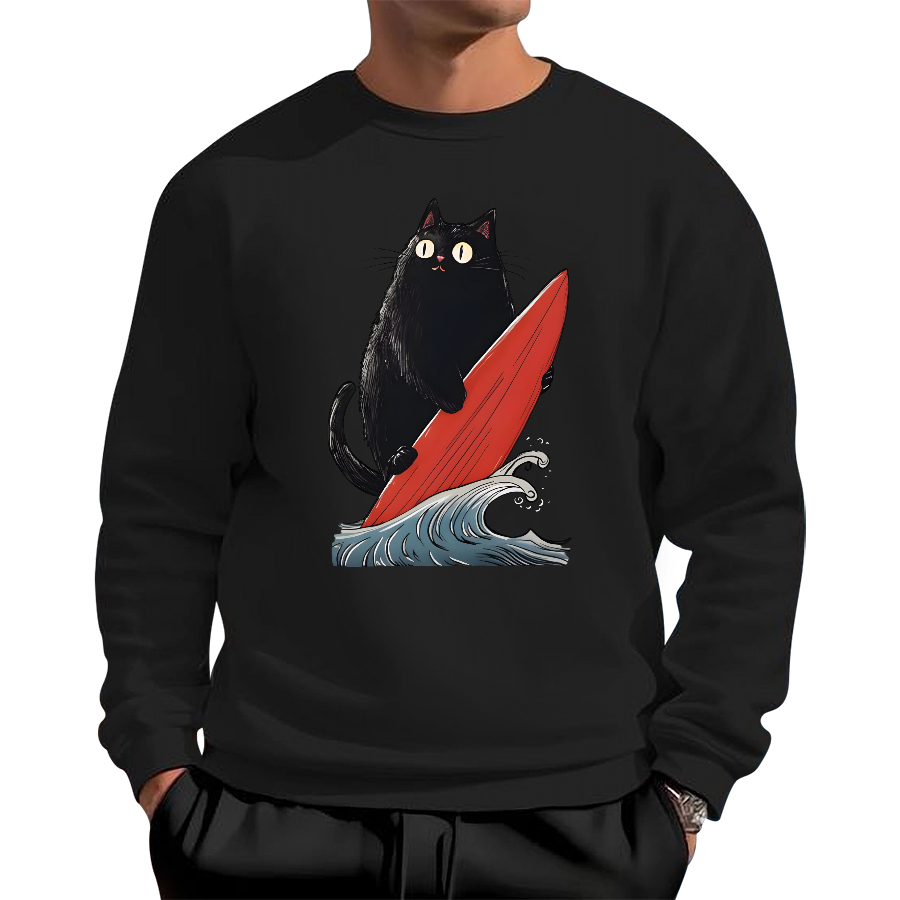 Black Cat Surfer Cotton Pullover Sweatshirt