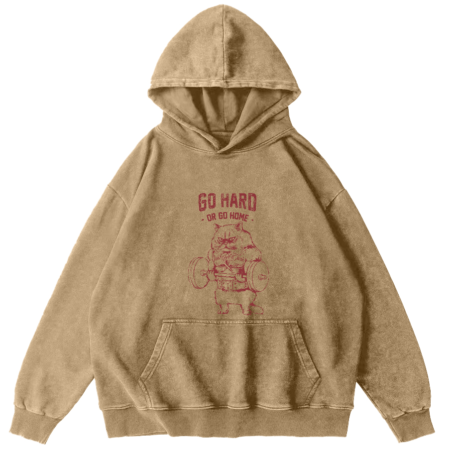 Retro Weightlifting Cat Japanese Washed Hoodie-Zazasy