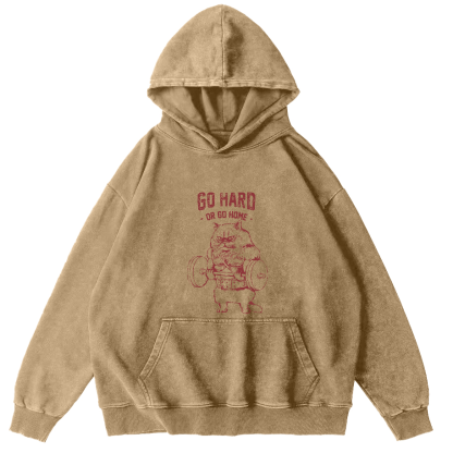 Retro Weightlifting Cat Japanese Washed Hoodie-Zazasy