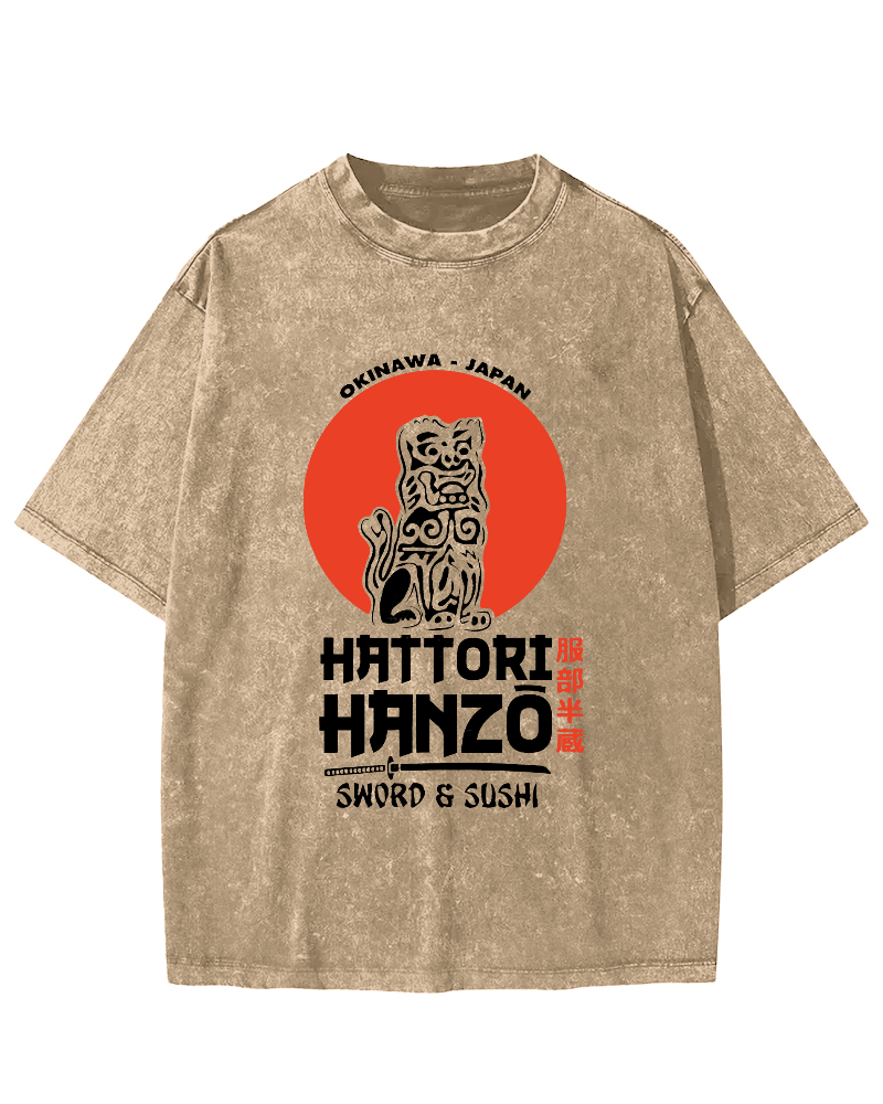 Japanese lion Pattern Vintage Distressed T-shirt-Zazasy