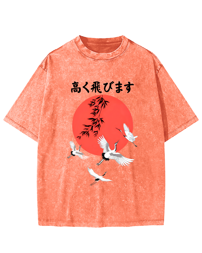 Flying Crane Japan Vintage Washed T-shirt-Zazasy