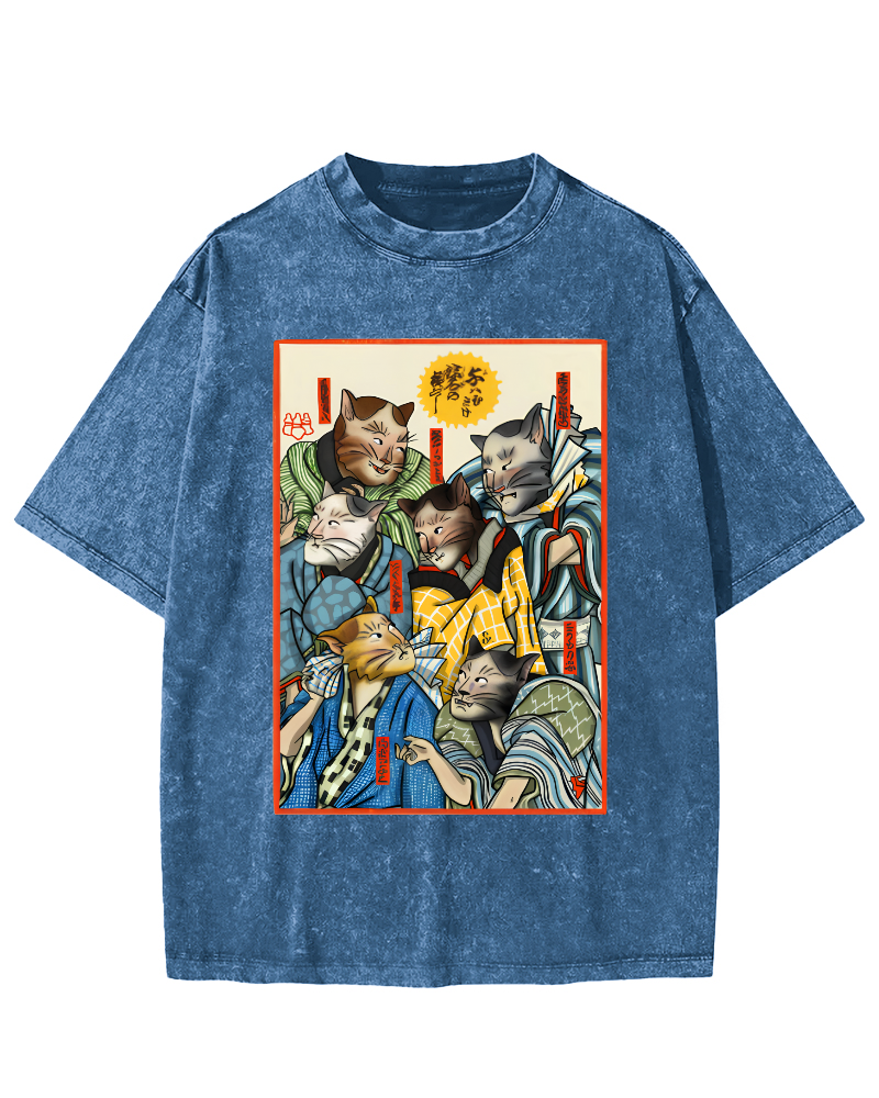 Japanese Samurai Cat Vintage Washed T-shirt-Zazasy