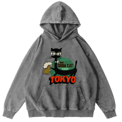Tokyo Black Cat Vintage Distressed Hoodie-Zazasy