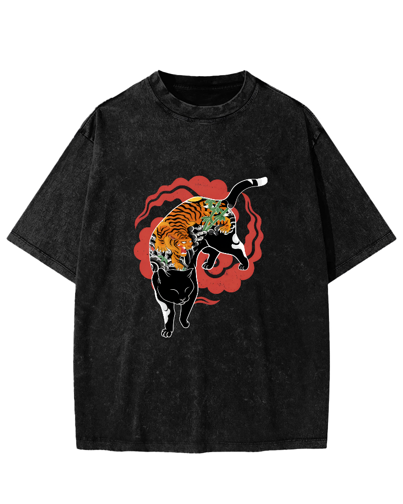 Tiger and Cat Pattern Vintage Distressed T-shirt-Zazasy