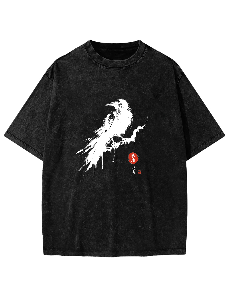 Crow Pattern Japanese Style Vintage Distressed T-shirt-Zazasy