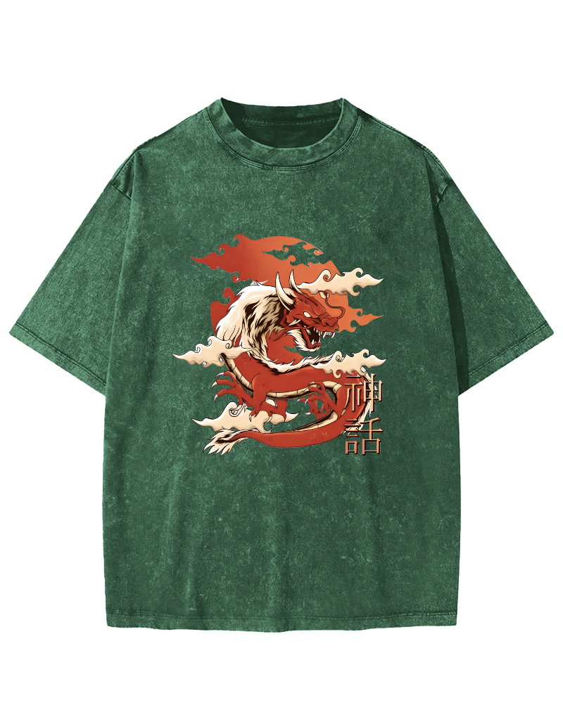 Japanese Dragon Pattern Vintage Distressed T-shirt-Zazasy