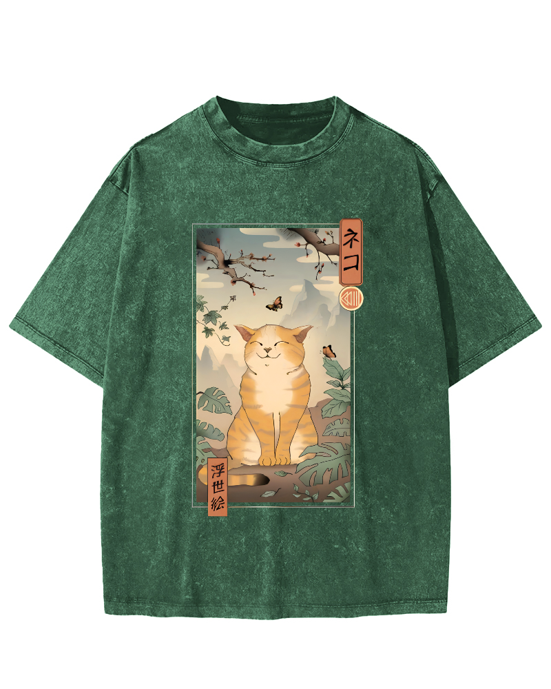 Cute and Lazy Cat Japanese Style Vintage Distressed T-shirt-Zazasy