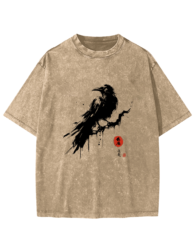 Crow Pattern Japanese Style Vintage Distressed T-shirt-Zazasy