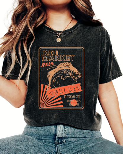 Tsukiji Seafood Market in Japan Vintage Washed T-shirt-Zazasy