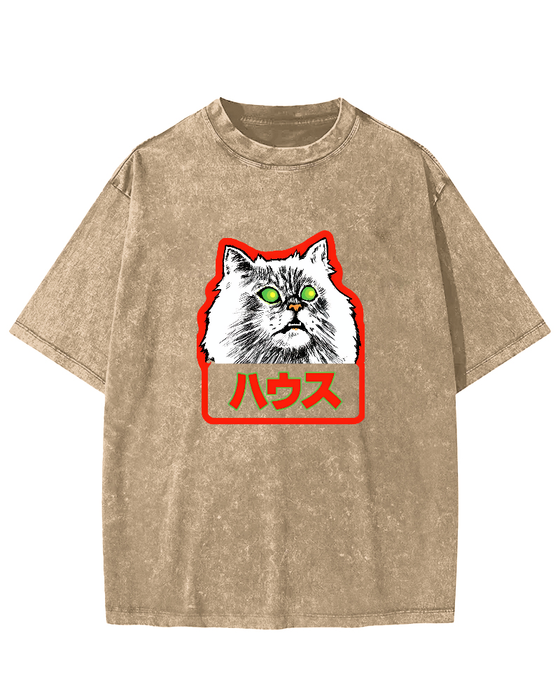 Residential White Cat Japanese Washed T-Shirt-Zazasy