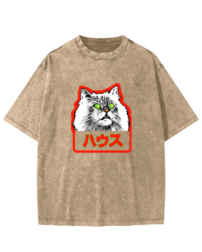 Residential White Cat Japanese Washed T-Shirt-Zazasy