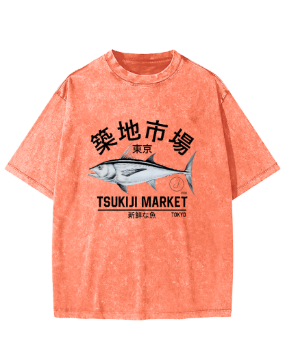 Japanese Sea Fish Pattern Vintage Distressed T-shirt-Zazasy