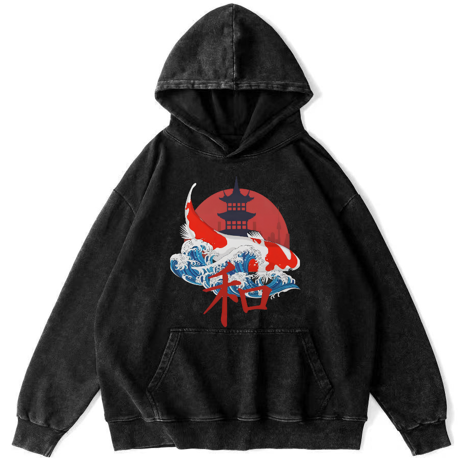 Japanese Style Koi With Font Vintage Distressed Hoodie-Zazasy