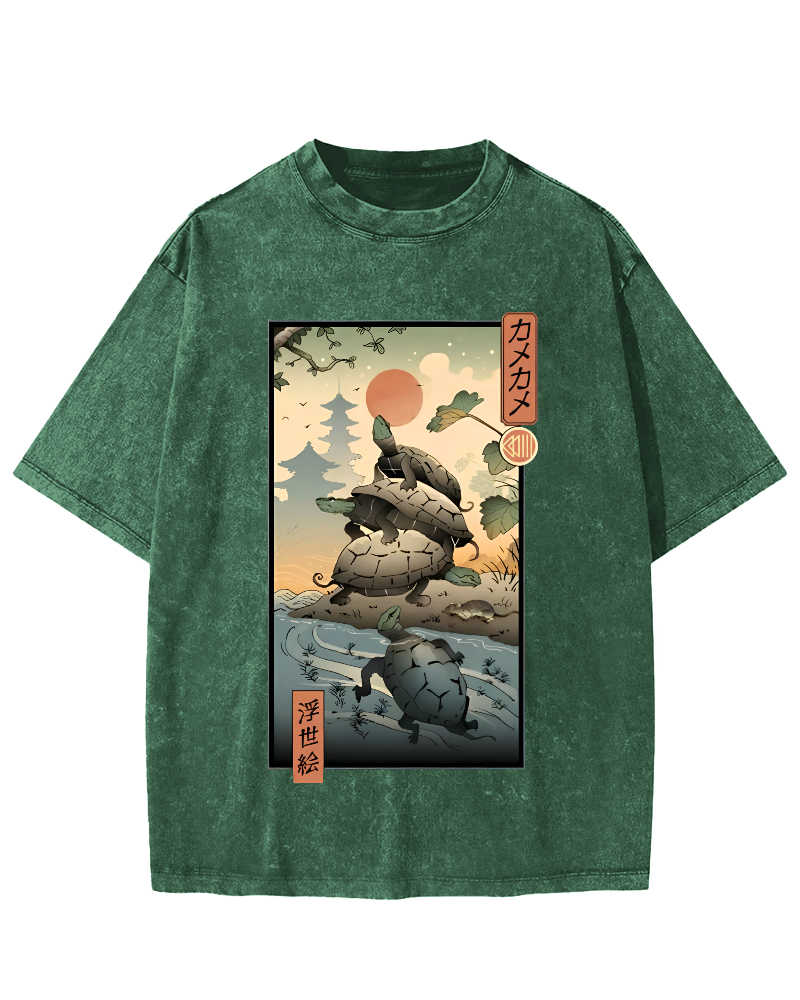 Ukiyoe Turtle Japanese Vintage Washed T-shirt-Zazasy